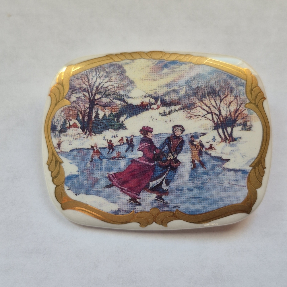 Vintage porcelain brooch Currier & Ives